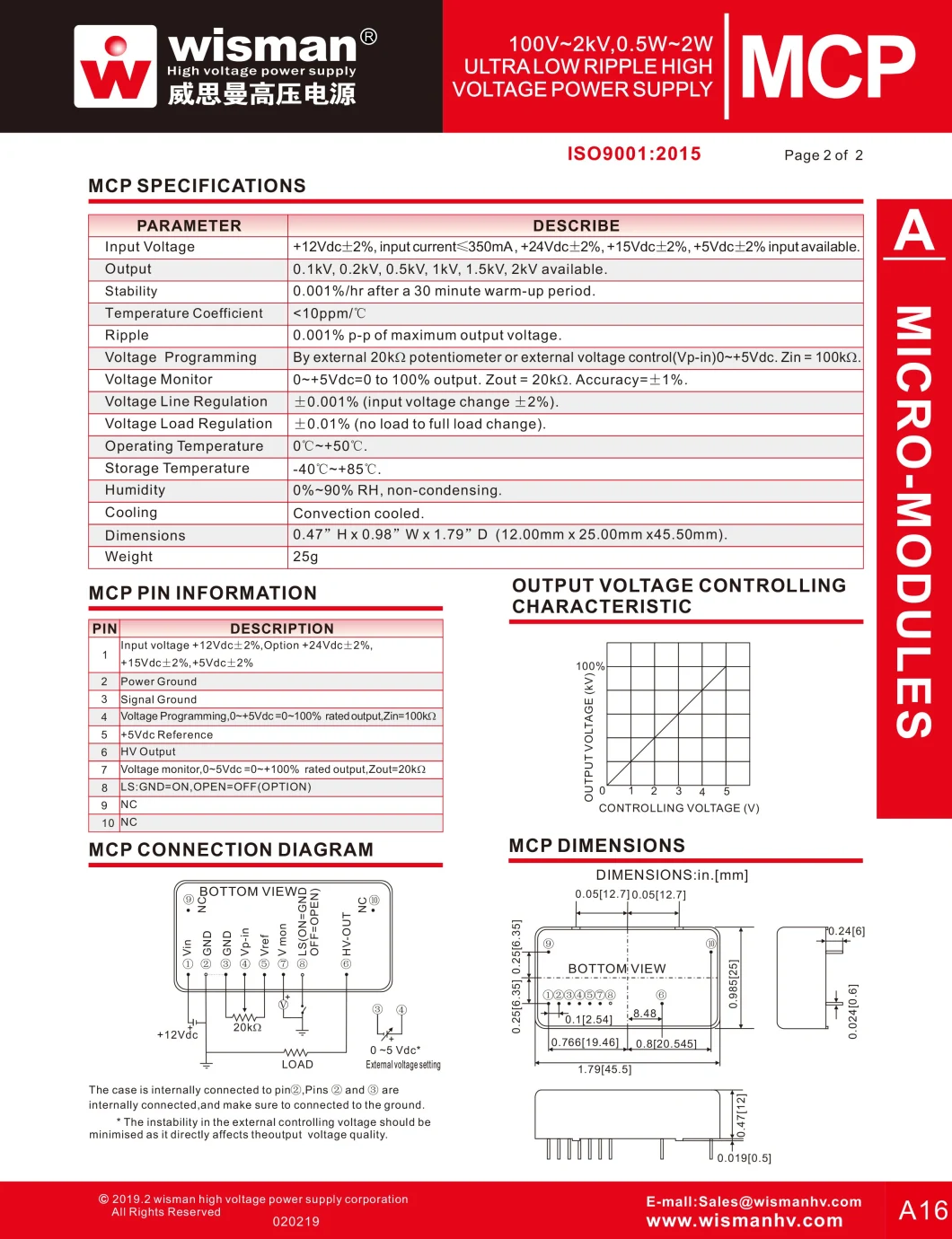 MCP Series DC High Voltage Power Supply for Scintillation Counters (100V-2kV, 0.5W-2W)